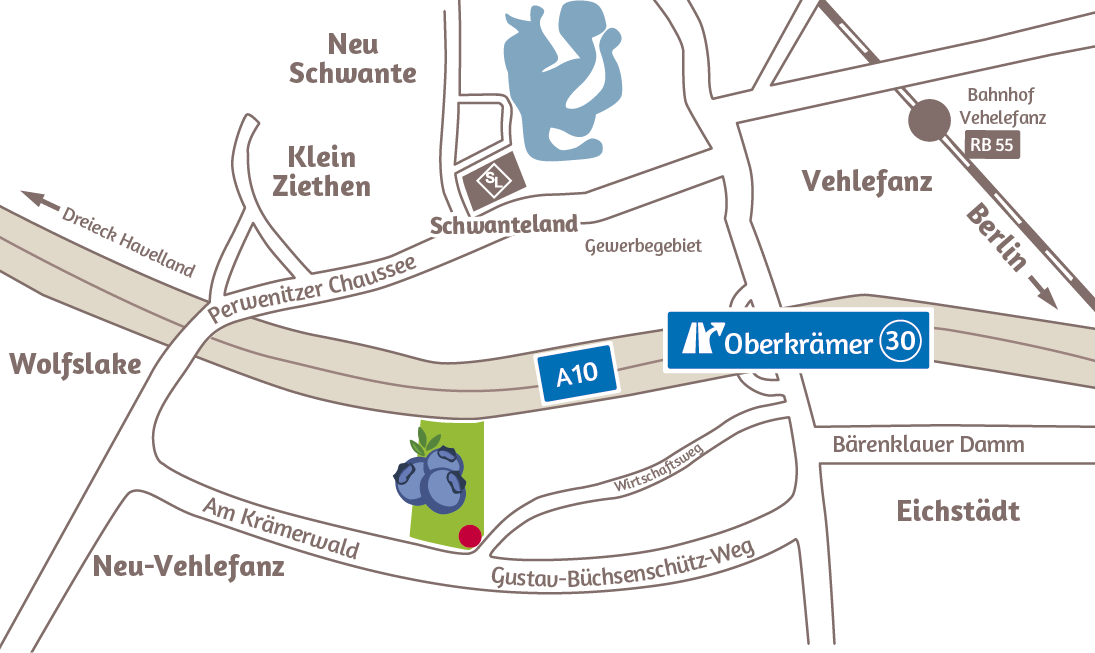 anfahrt_Karte_heidelbeeren Karte mit Straßenverlauf, Autobahn A10, Ausfahrt Oberkrämer, markiert mit einer Heidelbeere und einem roten Punkt auf grünem Hintergrund.
