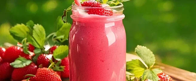Ein Glas mit Erdbeer-Smoothie, Strohhalm und Minzblättern steht zwischen frischen Erdbeeren auf einem Holztisch.