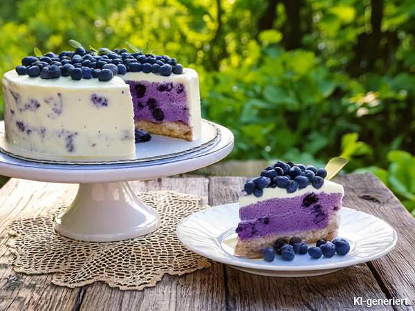 Blaubeer-Joghurt-Torte mit weißer Glasur und Blaubeeren auf einem weißen Tortenständer, ein Stück auf einem weißen Teller mit Blaubeeren daneben.