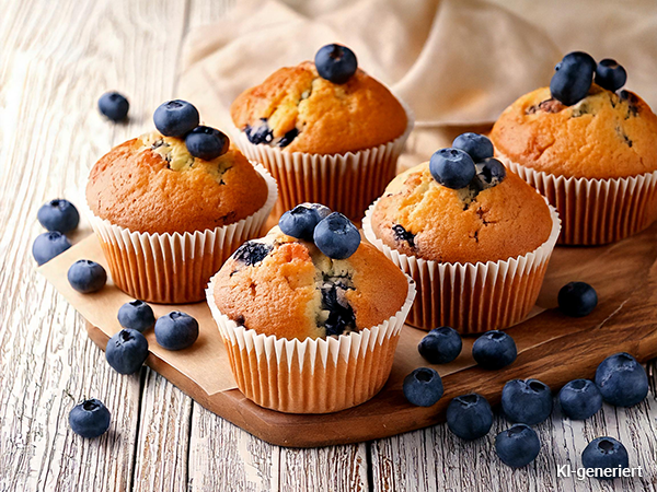 Fünf Blaubeermuffins mit frischen Blaubeeren auf einem Holzbrett, umgeben von verstreuten Blaubeeren.