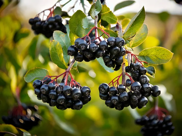 Aroniabeeren-Strauch mit reifen Früchten.