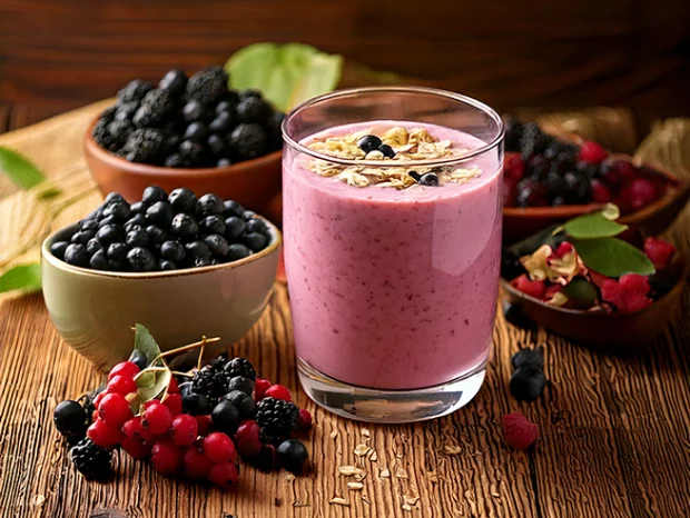 Aroniabeeren-Smoothie in einem Glas auf einem Holztisch. Aroniabeeren, Brombeeren und Johannisbeeren zur Dekoration neben und hinter dem Smoothie in Schalen und auf dem Tisch.