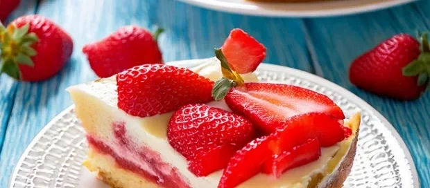 Ein Stück Erdbeerkuchen mit heller Creme und frischen Erdbeeren liegt auf einem weißen Teller. Der Kuchenboden ist goldbraun und wirkt fest. Im Hintergrund steht eine weitere Kuchenplatte mit mehreren Stücken, daneben liegen lose Erdbeeren. Die Oberfläche des Kuchens ist mit halbierten Erdbeeren dicht belegt. Der Tisch ist aus hellblauem Holz.
