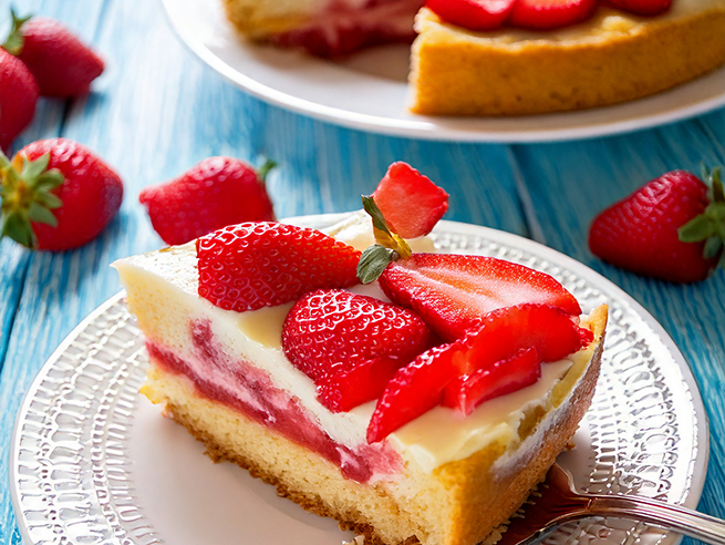 Ein Stück Erdbeerkuchen liegt auf einem weißen, gemusterten Teller. Der Kuchen besteht aus einem hellen Boden, einer Schicht Vanillepudding und frischen, halbierten Erdbeeren als Belag. Im Hintergrund steht ein weiteres Stück auf einem zweiten Teller. Die Oberfläche des Kuchens ist glatt, die Erdbeeren glänzen und sind gleichmäßig verteilt. Der Teller steht auf einer blauen Holzoberfläche. Ein metallener Kuchengabel liegt am Rand des Tellers.