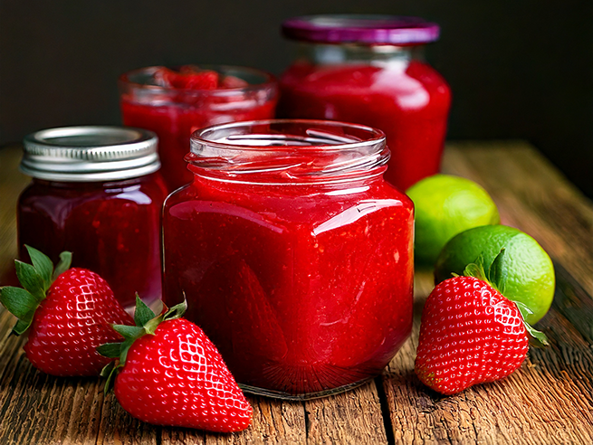 Im Vordergrund steht ein Glas mit leuchtend roter Erdbeermarmelade auf einer Holzoberfläche. Daneben liegen mehrere frische Erdbeeren und zwei Limetten. Im Hintergrund sind weitere Marmeladengläser mit unterschiedlich farbigen Deckeln zu sehen. Die Szene ist hell ausgeleuchtet und zeigt kräftige Farben.