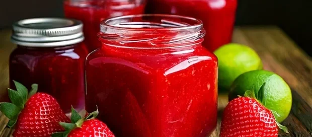 Im Vordergrund steht ein Glas mit leuchtend roter Erdbeermarmelade auf einer Holzoberfläche. Daneben liegen mehrere frische Erdbeeren und zwei Limetten. Im Hintergrund sind weitere Marmeladengläser mit unterschiedlich farbigen Deckeln zu sehen. Die Szene ist hell ausgeleuchtet und zeigt kräftige Farben.