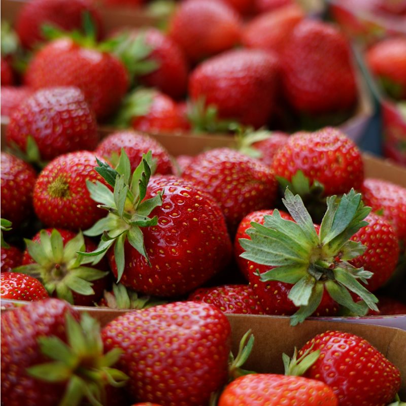 Mehrere Erdbeeren verschiedener Sorten liegen dicht beieinander in offenen Pappschalen. Die Früchte sind leuchtend rot, glänzend und zeigen unterschiedliche Größen und Formen. Die grünen Kelchblätter sind bei vielen Erdbeeren deutlich sichtbar. Im Hintergrund sind weitere Erdbeeren und Teile der Schalen zu erkennen.