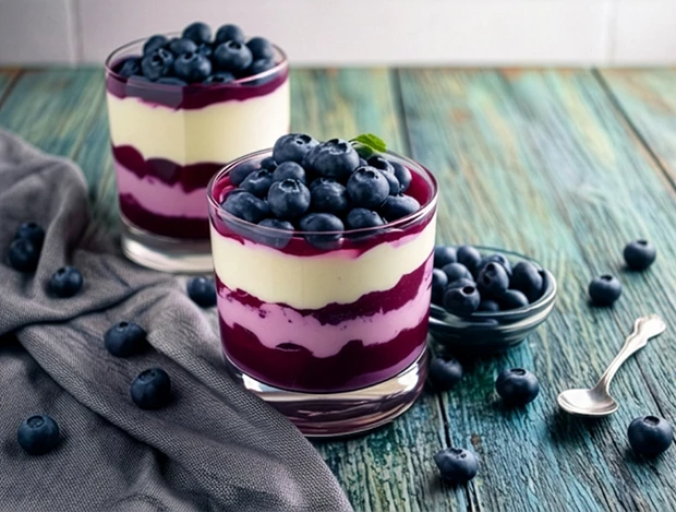 Zwei Gläser mit geschichtetem Heidelbeer-Dessert und frischen Heidelbeeren auf einem Holztisch neben einer kleinen Schale und einem Löffel